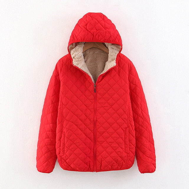 Women Autumn Winter Parkas Coat Jackets Female Lamb Hooded Plaid Long Sleeve Warm Winter Jacket Plus Size S~3XL casaco feminino
