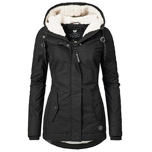 Women Winter Coat Warm Windproof Slim Outerwear Fashion Elastic Waist Zipper Pocket Hooded Drawstring Overcoats Autumn Clothes
