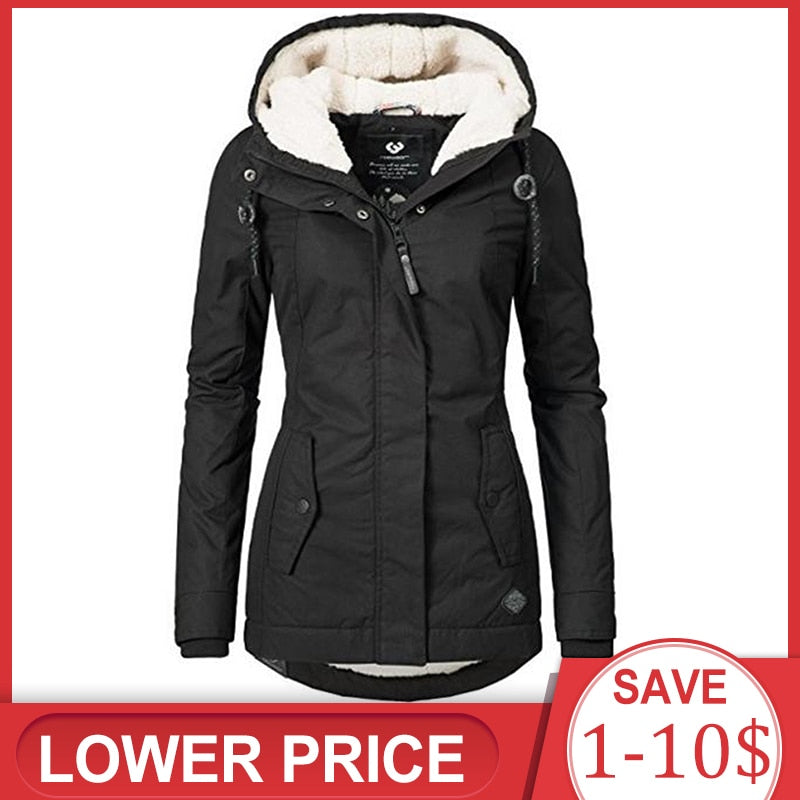 Women Winter Coat Warm Windproof Slim Outerwear Fashion Elastic Waist Zipper Pocket Hooded Drawstring Overcoats Autumn Clothes