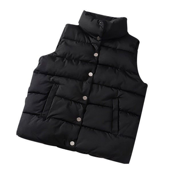 Winter Warm Vest Jacket Black Stand Collar Winter Sleeveless Vests Short Vest Cotton Padded Jacket Female Waistcoat Gilet Vest