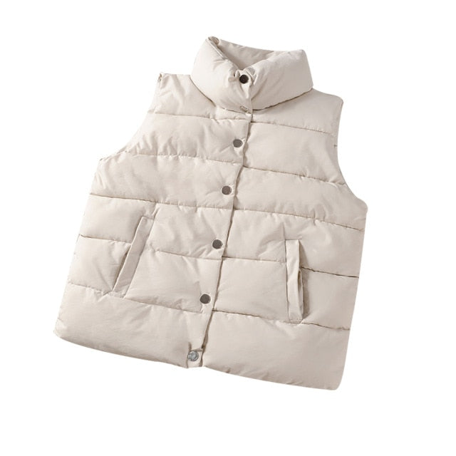 Winter Warm Vest Jacket Black Stand Collar Winter Sleeveless Vests Short Vest Cotton Padded Jacket Female Waistcoat Gilet Vest