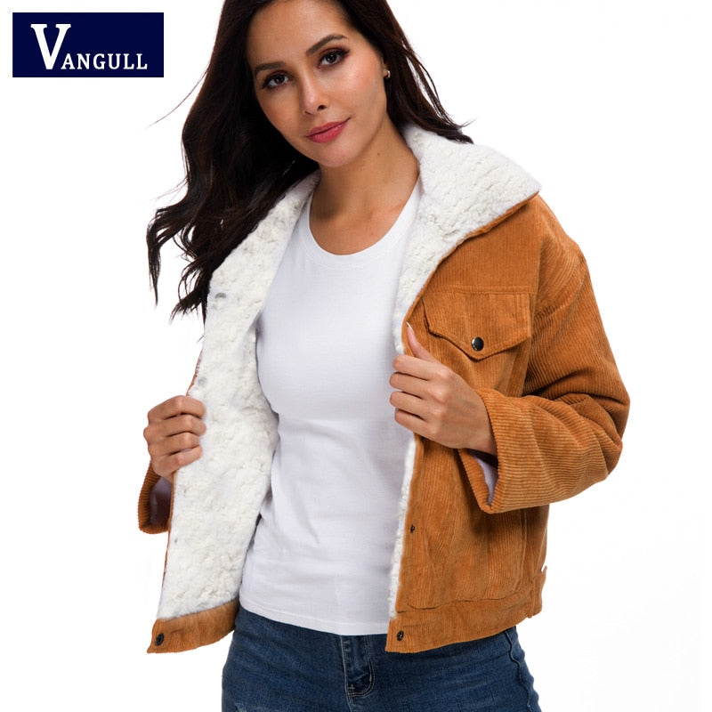Vangull Women Winter Jacket Thick Fur Lined Coats Parkas Fashion Faux Fur Lining Corduroy Bomber Jackets Cute Outwear 2021 New
