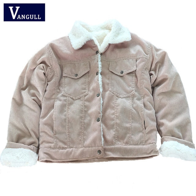 Vangull Women Winter Jacket Thick Fur Lined Coats Parkas Fashion Faux Fur Lining Corduroy Bomber Jackets Cute Outwear 2021 New