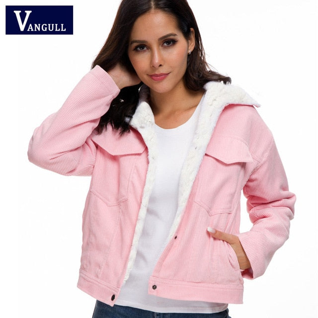 Vangull Women Winter Jacket Thick Fur Lined Coats Parkas Fashion Faux Fur Lining Corduroy Bomber Jackets Cute Outwear 2021 New