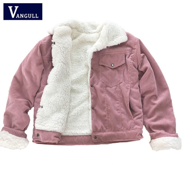 Vangull Women Winter Jacket Thick Fur Lined Coats Parkas Fashion Faux Fur Lining Corduroy Bomber Jackets Cute Outwear 2021 New